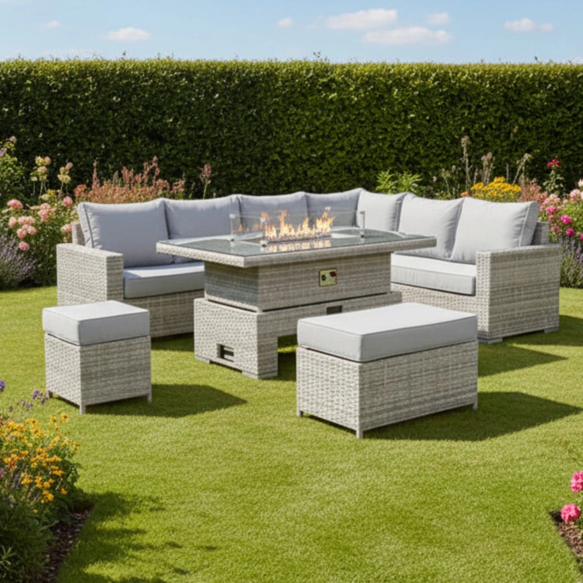 Modern rattan corner seating set with large layout design.