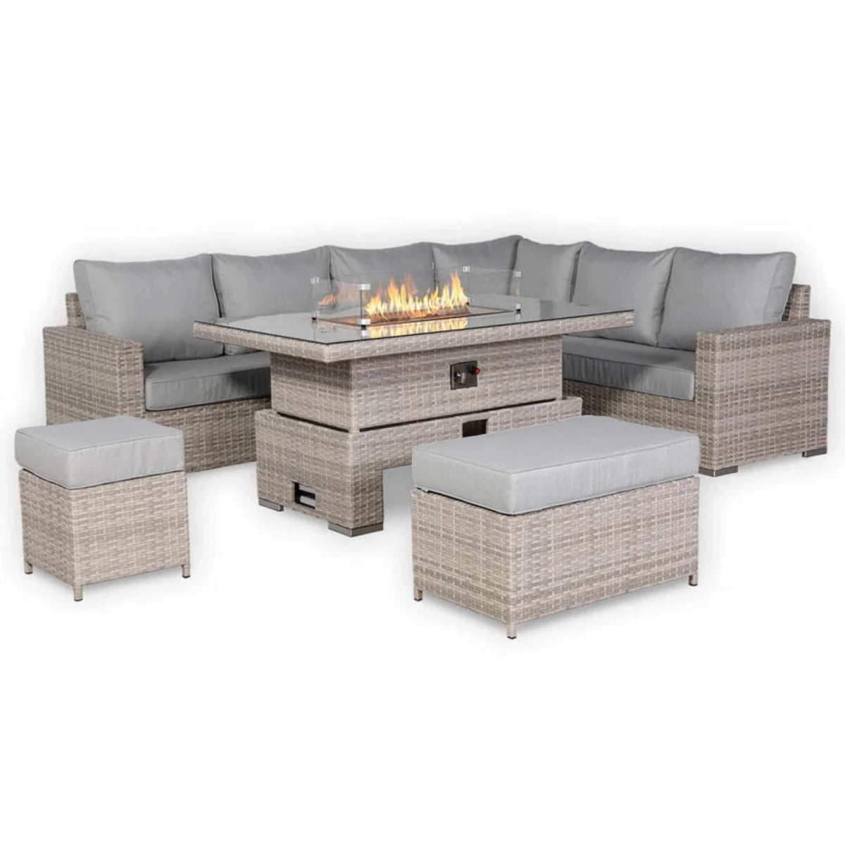 Corner rattan set with rising firepit table and cushioned seating.