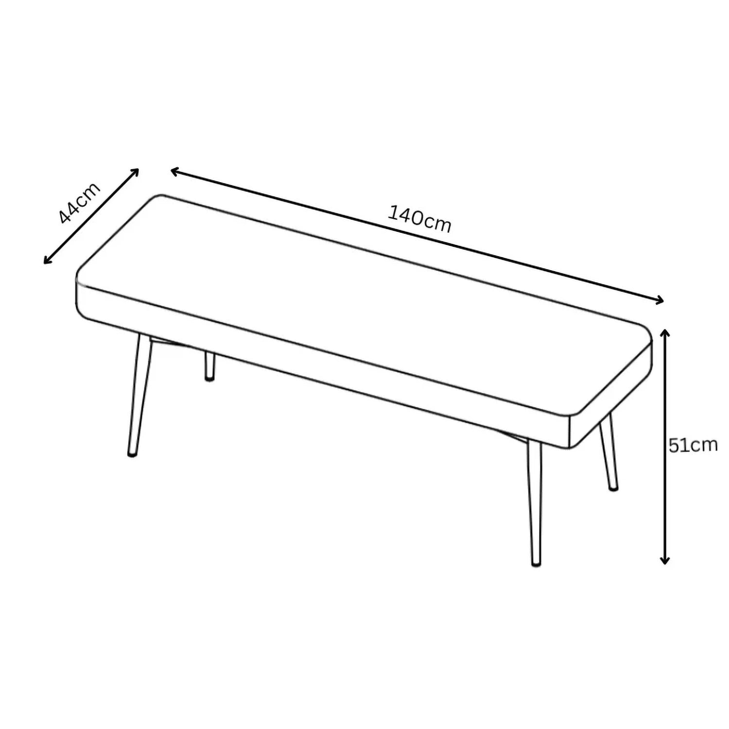 Black and white line drawing of a bench with dimension arrows and labels showing 140 cm length, 51 cm height, and 44 cm depth.