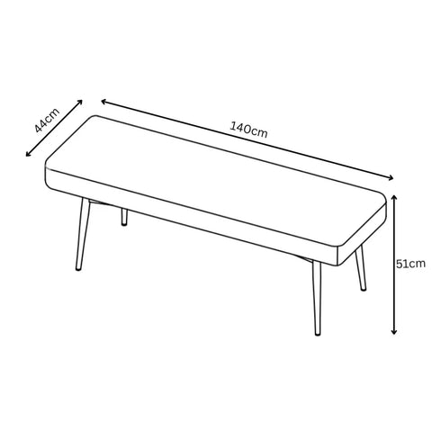 Black and white line drawing of a bench with dimension arrows and labels showing 140 cm length, 51 cm height, and 44 cm depth.