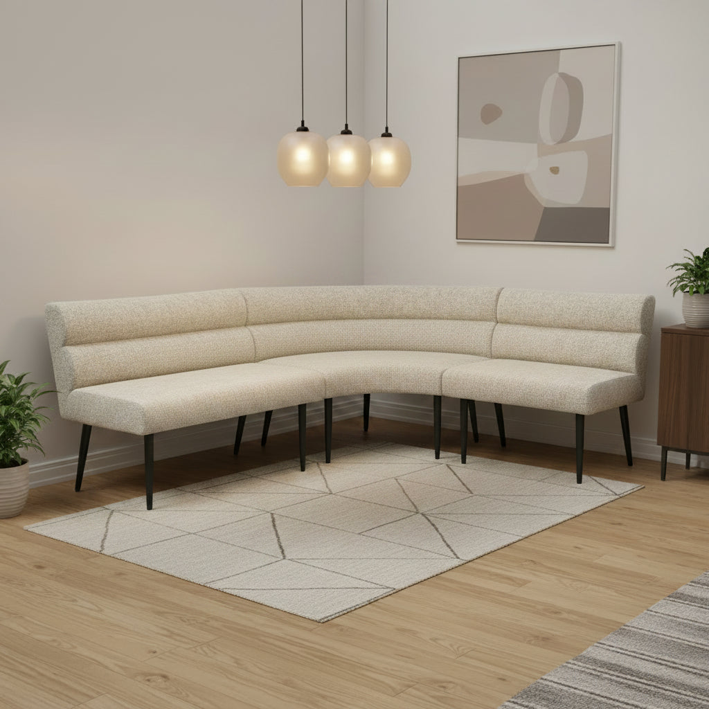 Lifestyle image of Avor Champagne Fabric Curved Corner Dining Bench