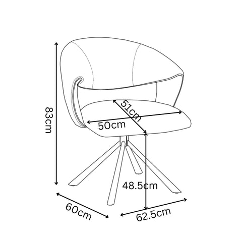 Black and white line drawing of a swivel chair with dimension labels and arrows showing height, width, and leg measurements.