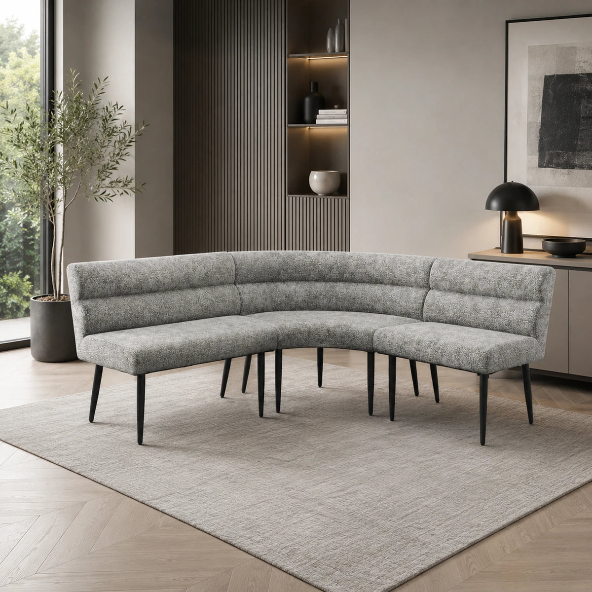 Lifestyle image of Avor Curved Corner Dining Bench in Grey Fabric