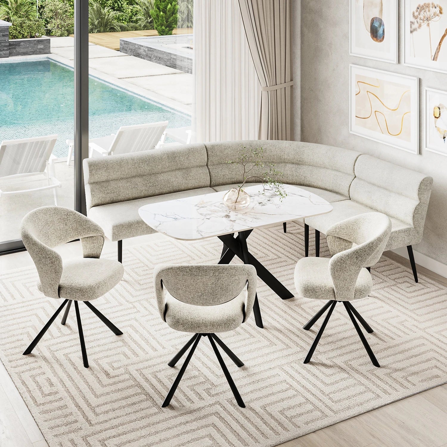 A modern 5-piece dining set featuring a curved upholstered banquette sofa, a round white marble-top table with a black cross base, and four matching swivel chairs with textured cream upholstery and black metal legs, arranged on a geometric patterned rug in a bright dining room with a pool view.
