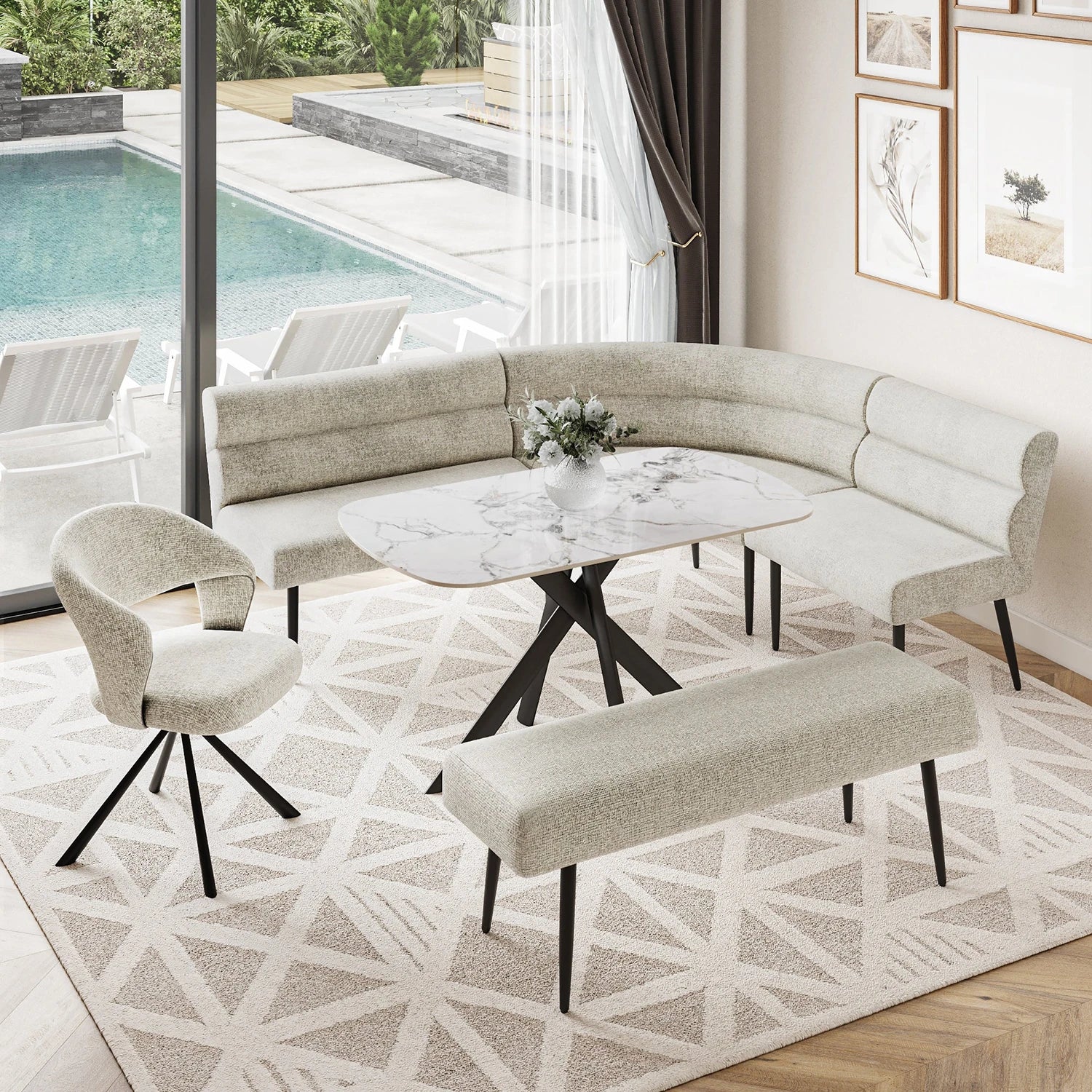Avor White Ceramic Dining Table & Champagne Corner Bench , Back less bench and chair set