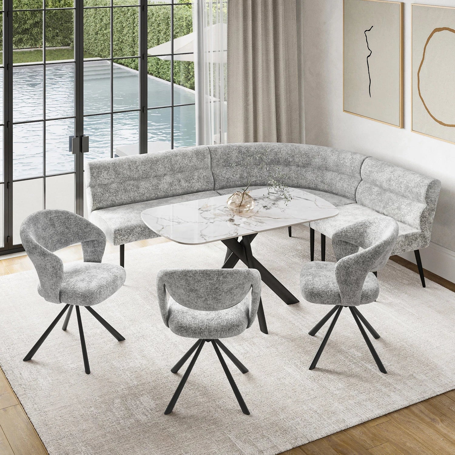 A modern curved upholstered banquette seating set with four matching swivel chairs around a white marble-top dining table, staged in a bright room with large windows, a pool view, and light neutral decor.