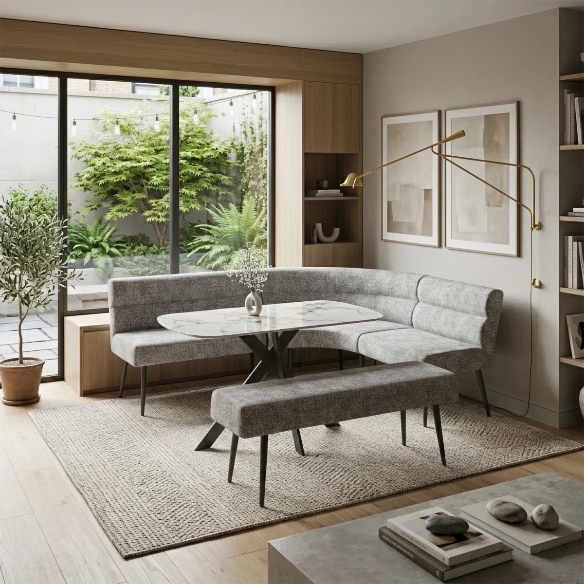 A modern U-shaped gray upholstered banquette seating set with a matching bench and a round marble-top table, styled in a bright, contemporary dining room with a large window overlooking a garden.