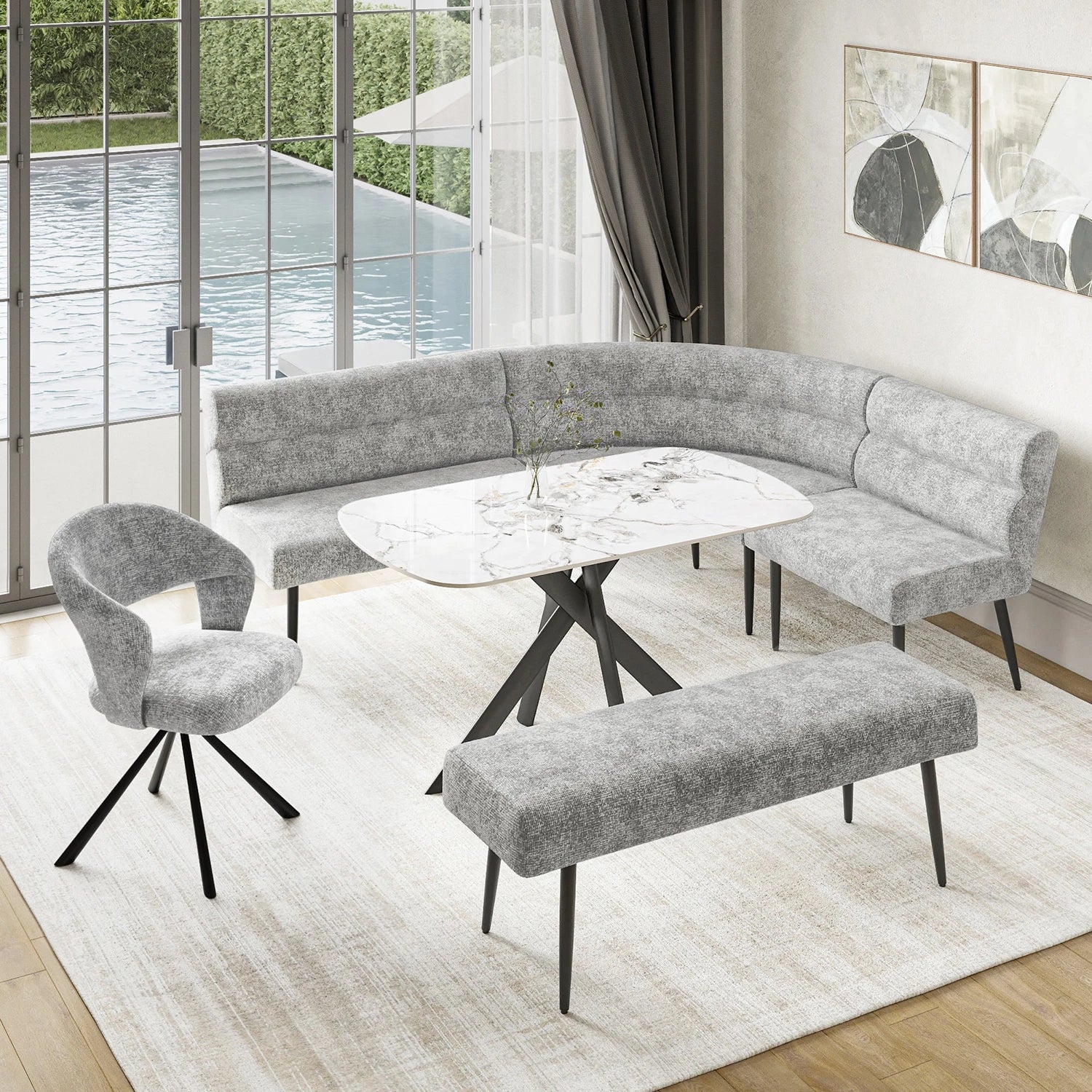 Shop the Avor White Ceramic Dining Table with Grey Fabric Corner Bench. Choose a matching backless bench and swivel chairs in four seating options.