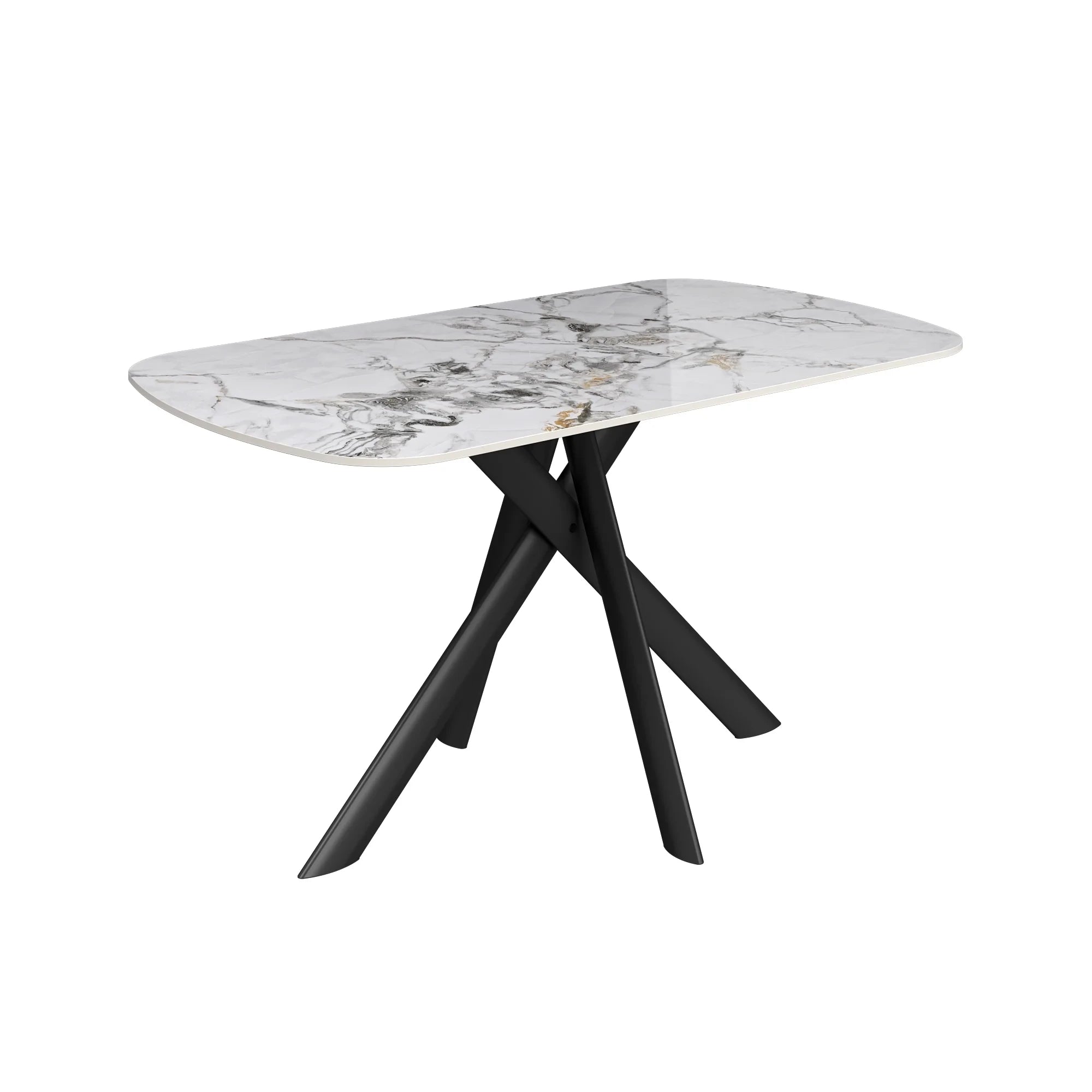 Avor Dining table with marble-like Sintered Stone Ceramic top and black metal legs on a white background