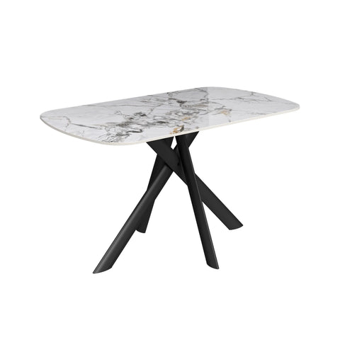 Avor Dining table with marble-like Sintered Stone Ceramic top and black metal legs on a white background