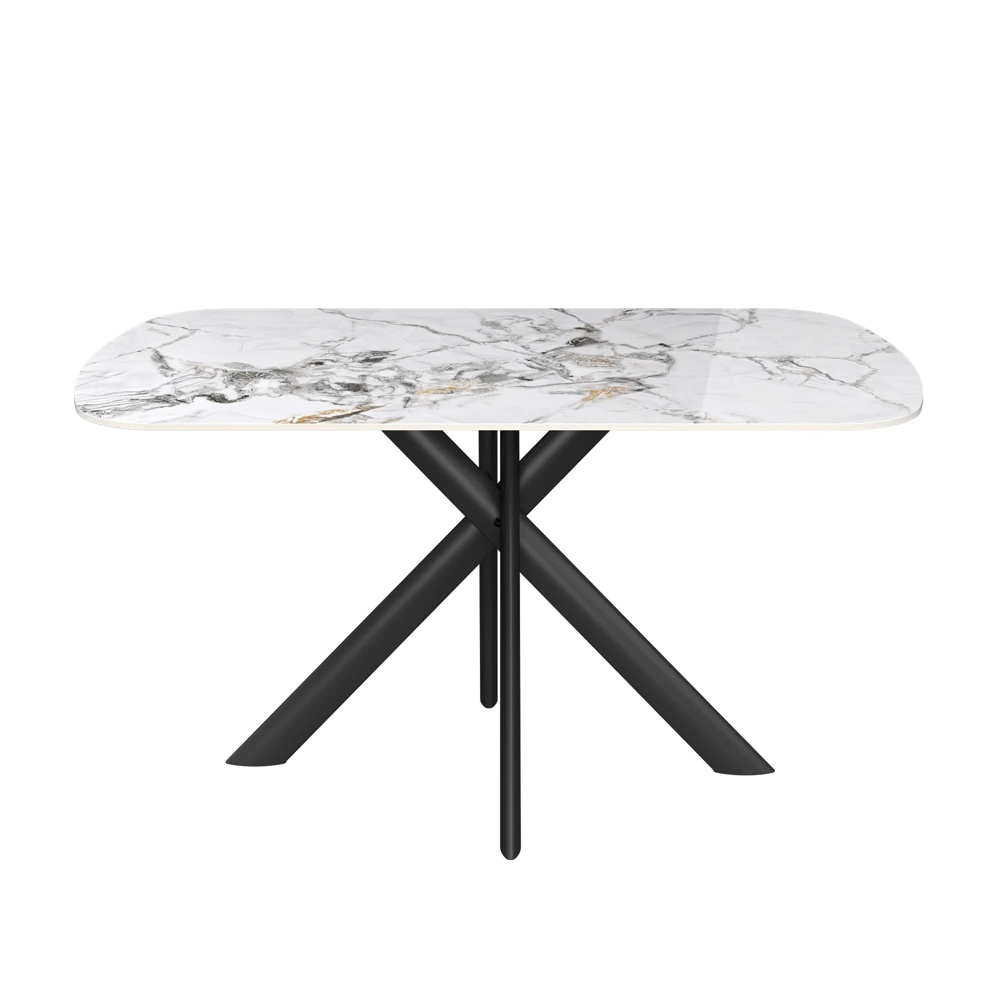 Moderm Avor Dining table with marble-like Sintered Stone Ceramic top and black metal legs on a white background