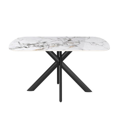 Moderm Avor Dining table with marble-like Sintered Stone Ceramic top and black metal legs on a white background