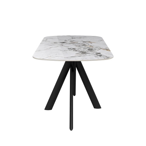 A modern rectangular table with a white marble top featuring gray and gold veining, supported by three black angled legs, shown against a plain white background.