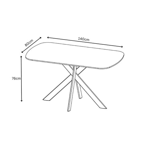 Black and white line drawing of a Avor dining table with dimension arrows and labels showing 140cm length, 80cm width, and 76cm height.