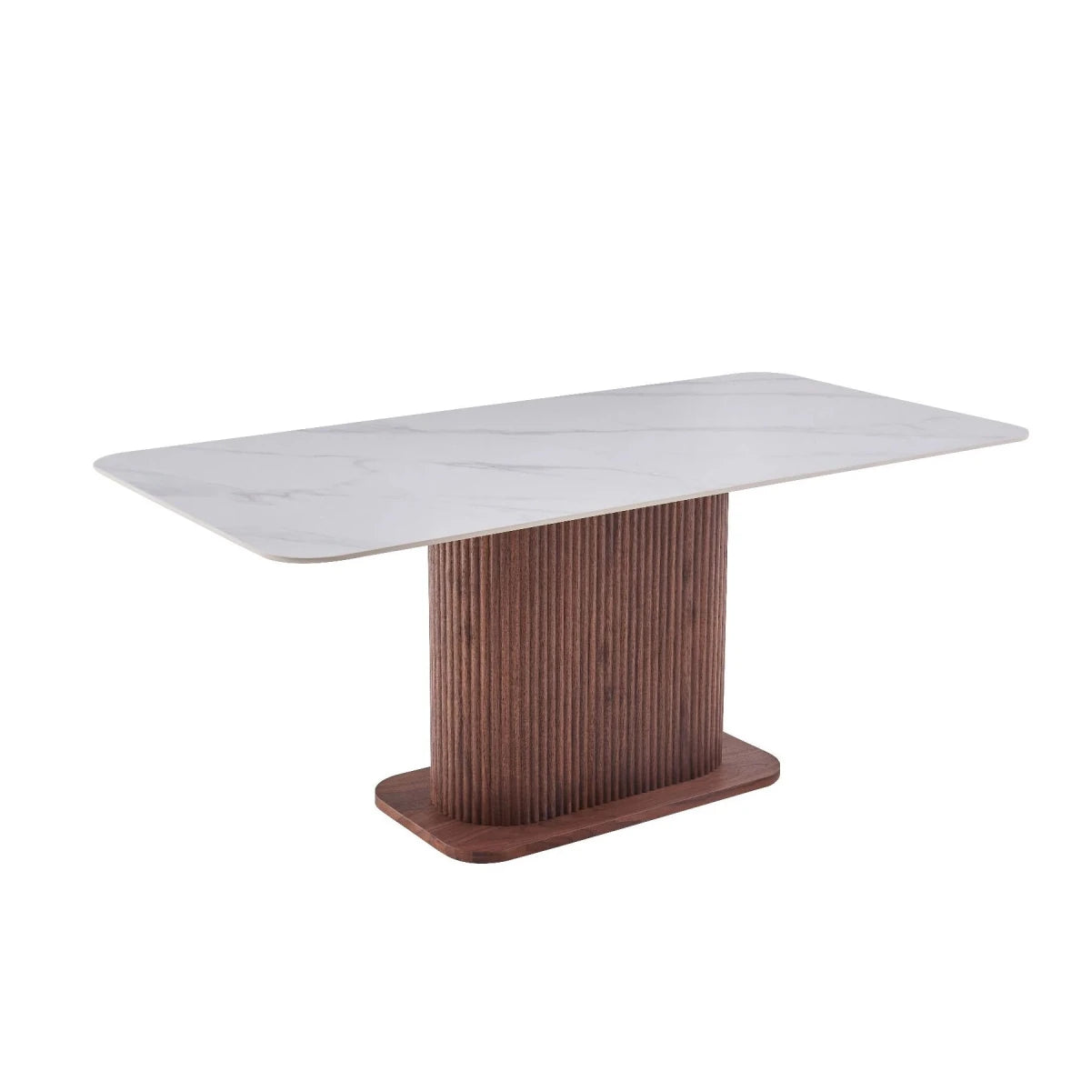 Shop the Aymar dining table with walnut base and white sintered stone top. Stylish 180cm dining table for modern homes.