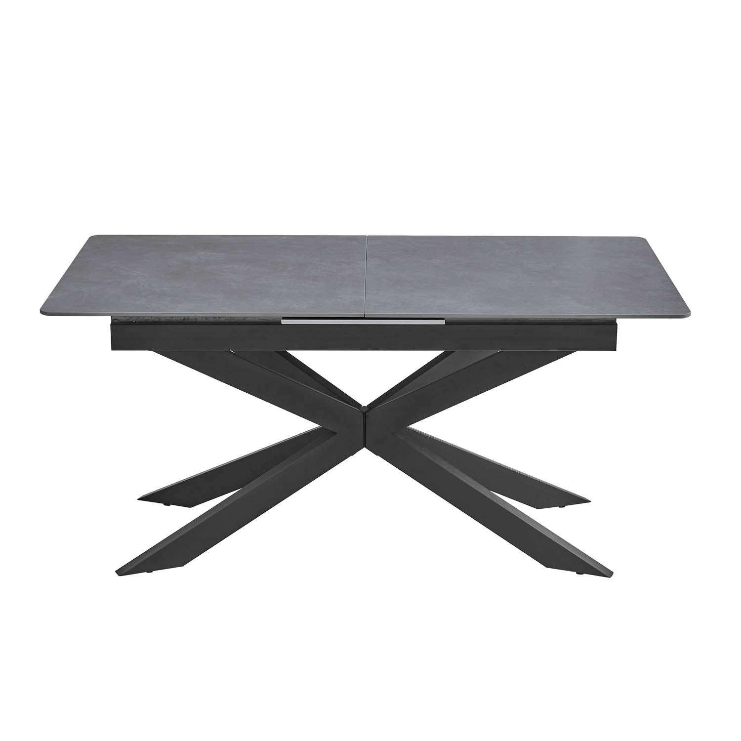A modern rectangular dining table with a dark gray stone-look top and a black X-shaped metal base, shown on a plain white background.