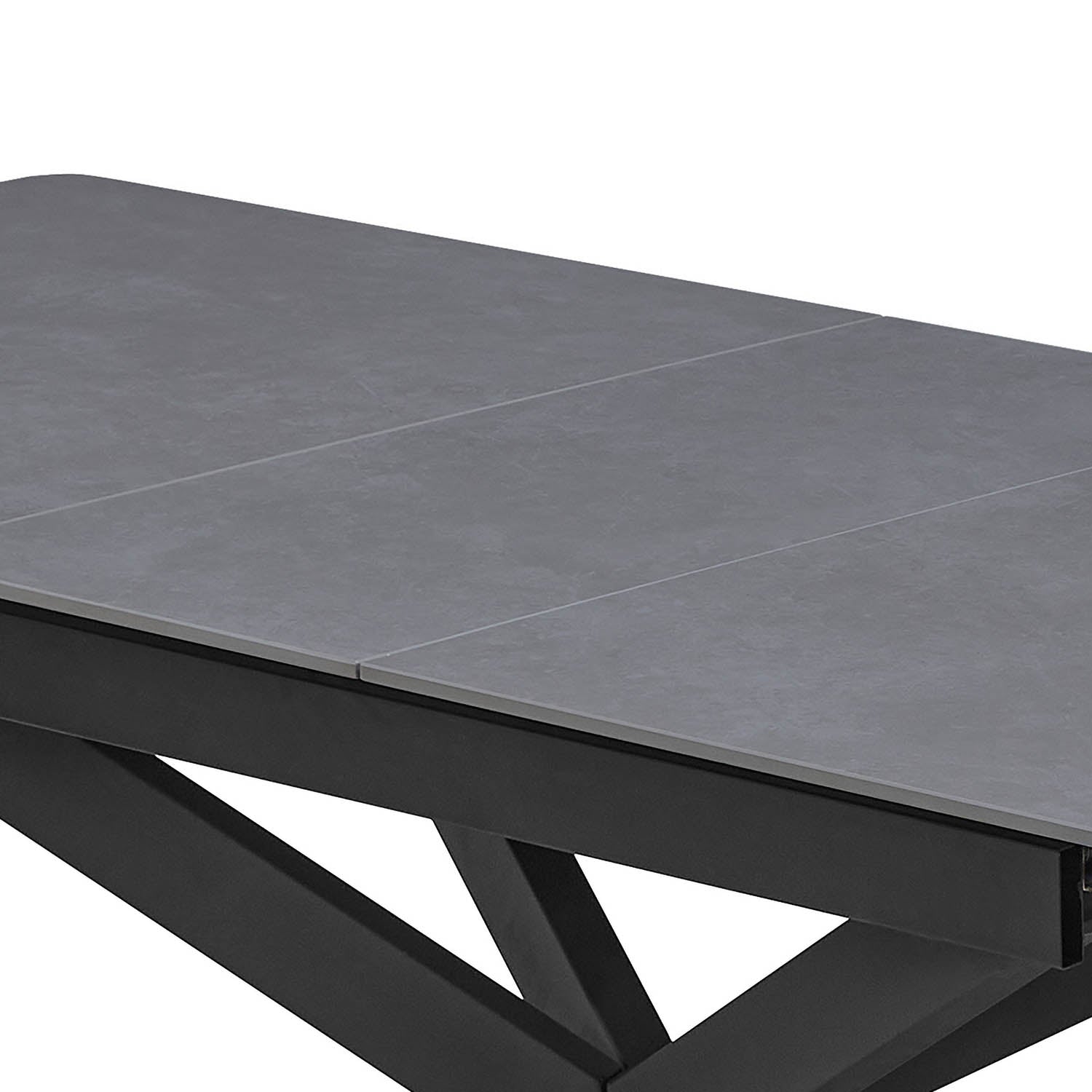 Close up of Azzurra Grey Sintered Stone 160cm Extending Dining Table with Stylish Black Metal Legs, showing Middle Extension