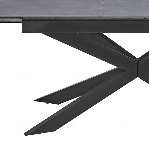 Close up of Azzurra Grey Sintered Stone 160cm Extending Dining Table with Stylish Black Metal Legs , showing metal legs