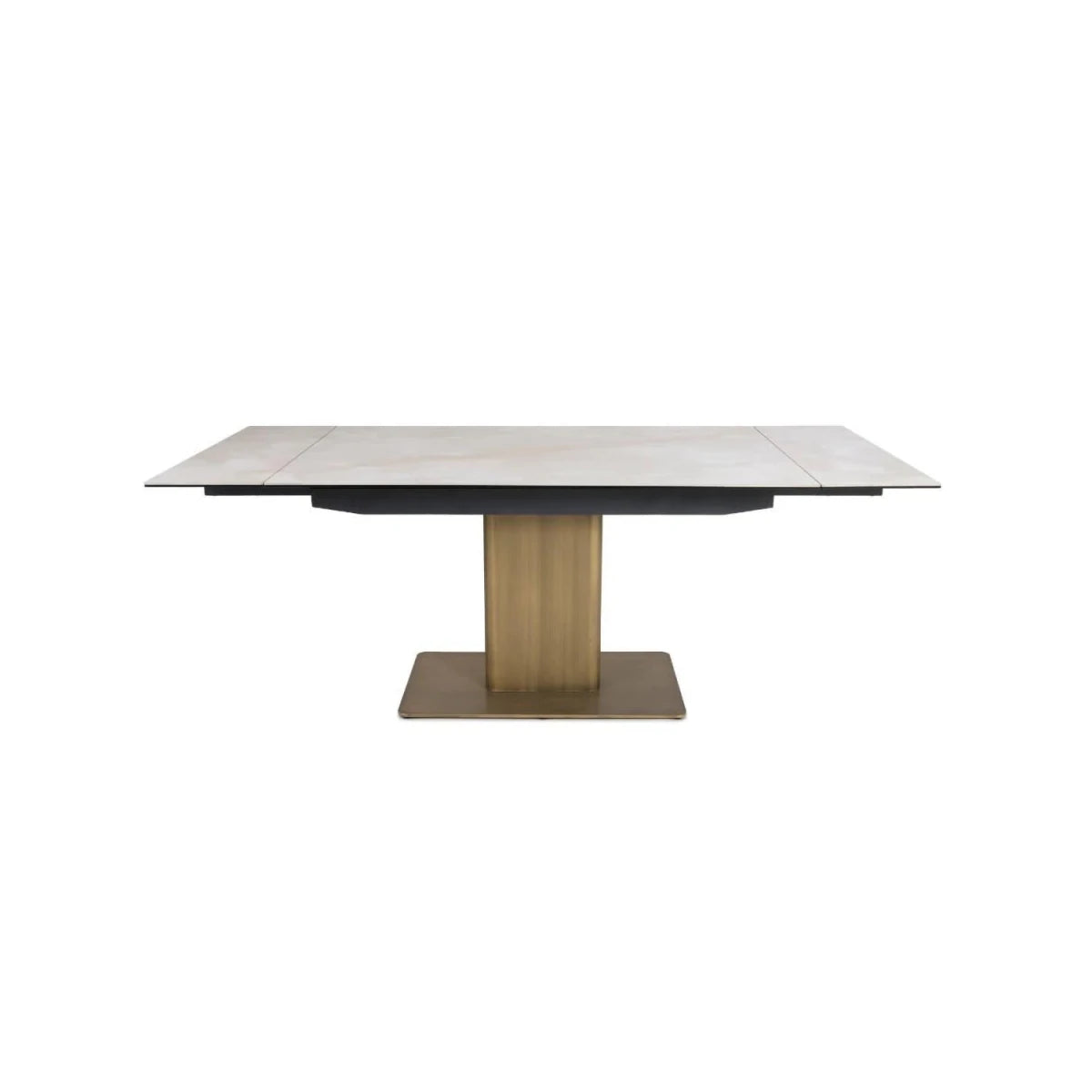 Modern White Ceramic dining table with bronze gold pedestal base