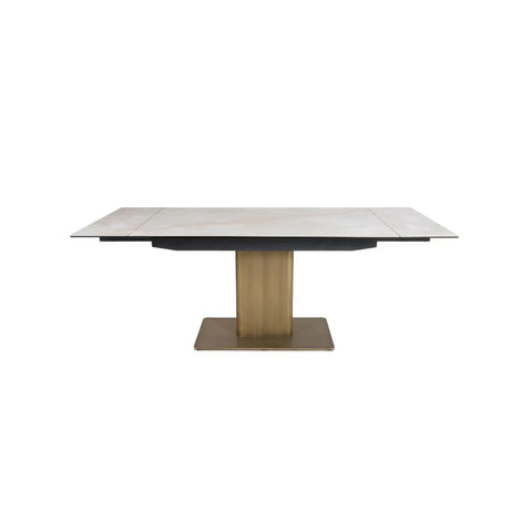 Modern White Ceramic dining table with bronze gold pedestal base