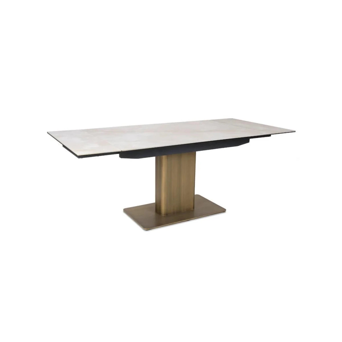 Contemporary white sintered stone dining table with gold pedestal and double extensions