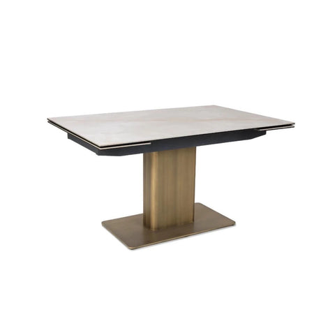 Contemporary sintered stone dining table with brushed gold pedestal Base