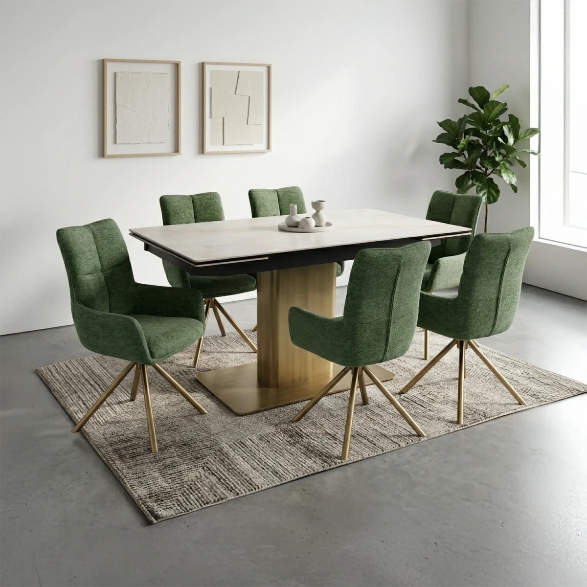 Braxton White Sintered Stone Extending Dining Table with Green Chairs