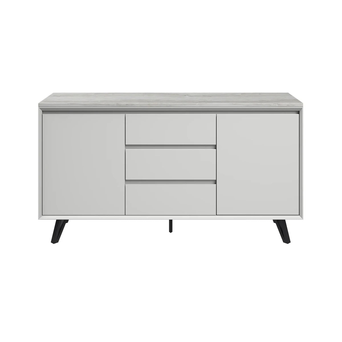 A modern Monza sideboard cabinet with a light gray Marble top, three drawers in the center, two side doors, and black tapered legs, shown against a plain white background.