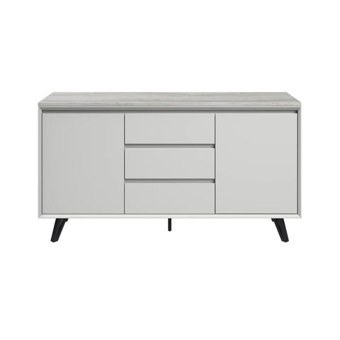 A modern Monza sideboard cabinet with a light gray Marble top, three drawers in the center, two side doors, and black tapered legs, shown against a plain white background.
