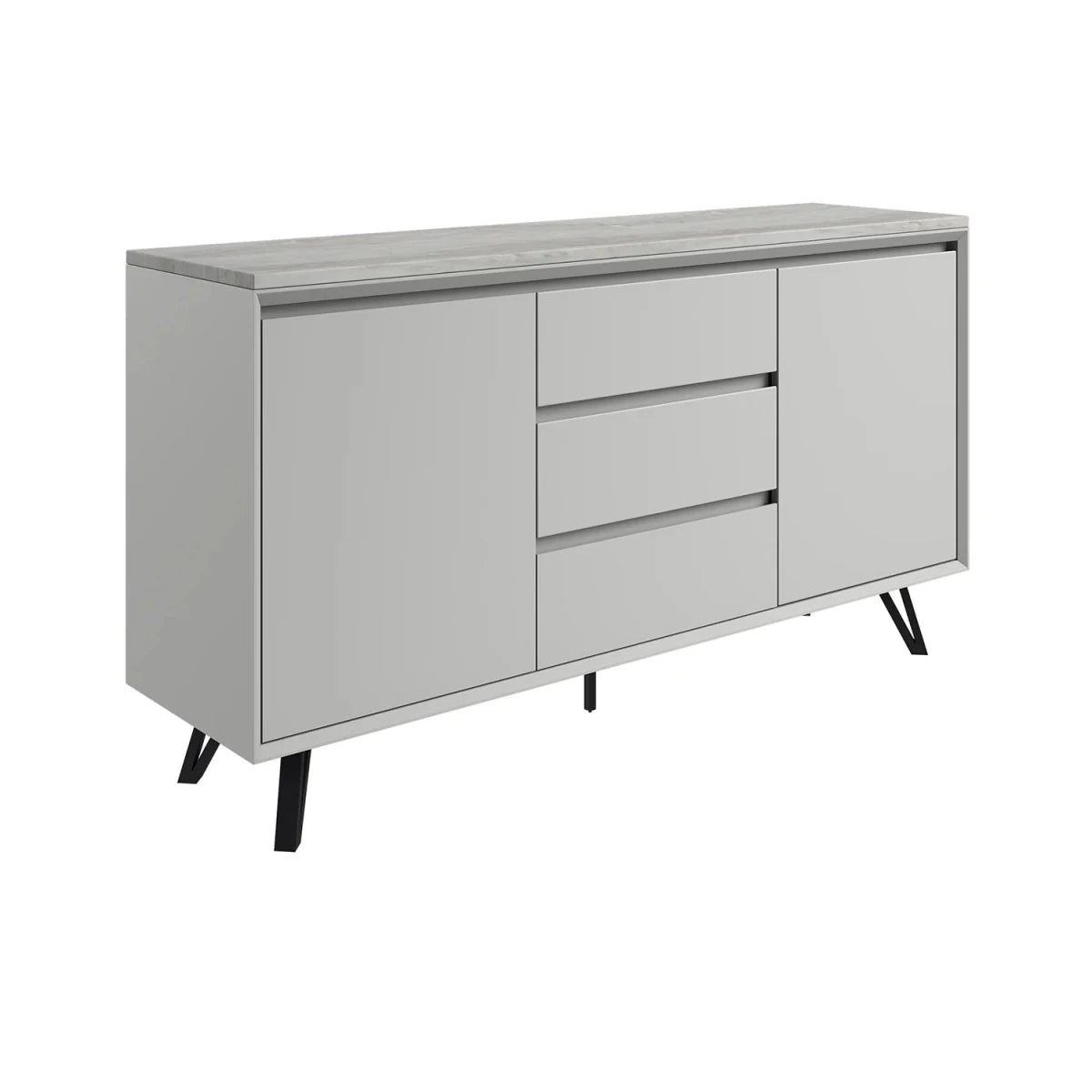 A modern Monza Bari sideboard cabinet with a light gray Marble top, three drawers in the center, two cabinet doors on the sides, and black angled legs, shown on a plain white background.