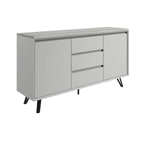 A modern Monza Bari sideboard cabinet with a light gray Marble top, three drawers in the center, two cabinet doors on the sides, and black angled legs, shown on a plain white background.