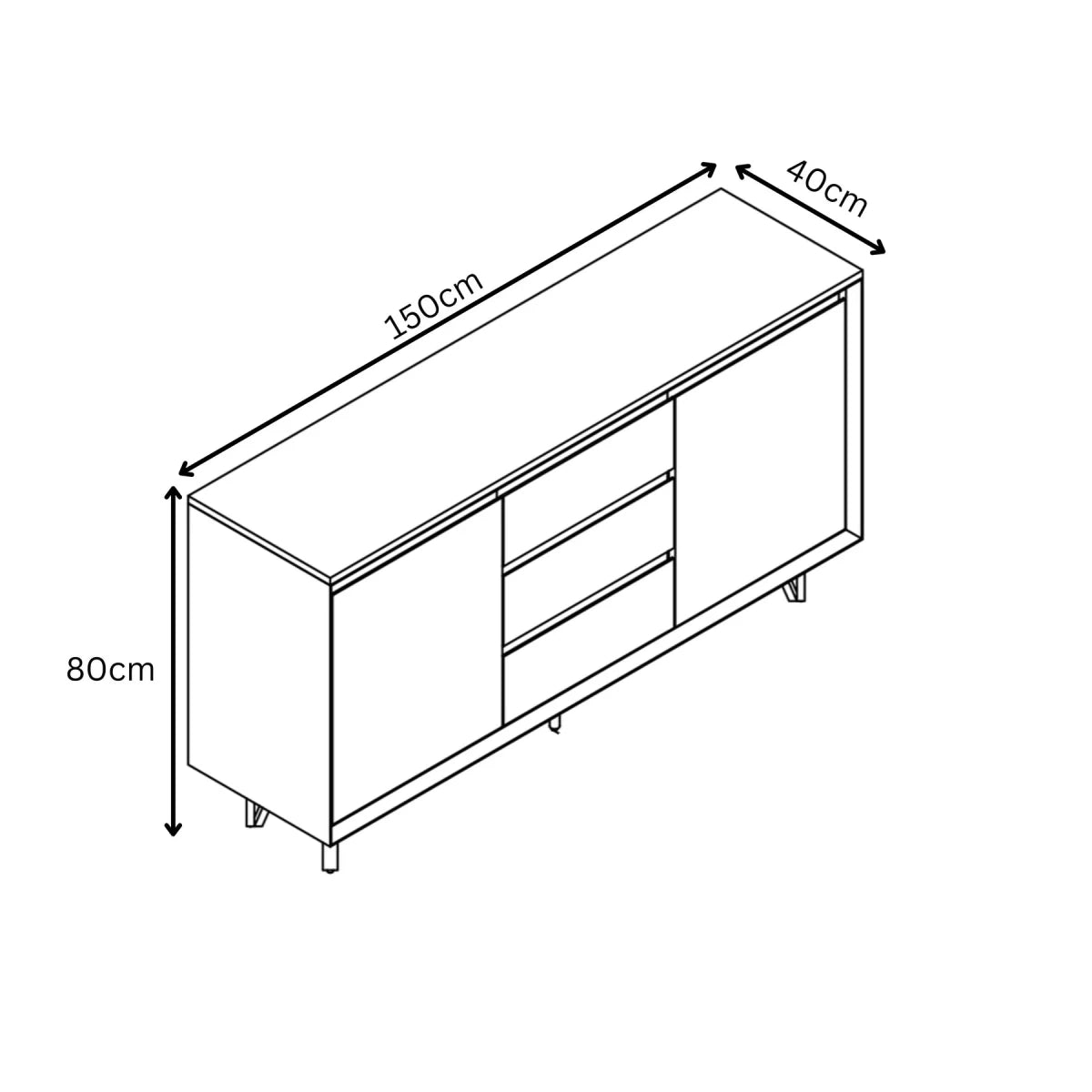 Black and white line drawing of a Monza Light Grey Marble Sideboard cabinet with dimension arrows and labels showing 150cm length, 40cm width, and 80cm height.