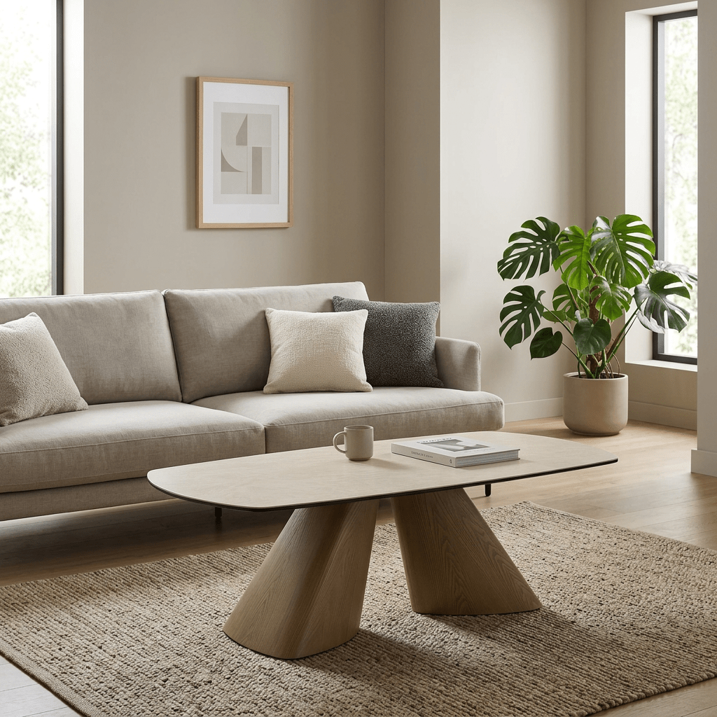 Shop the Arlo Cream Ceramic Coffee Table with a Spanish ceramic and tempered glass top, sculptural natural ash wood bases and elegant modern design.
