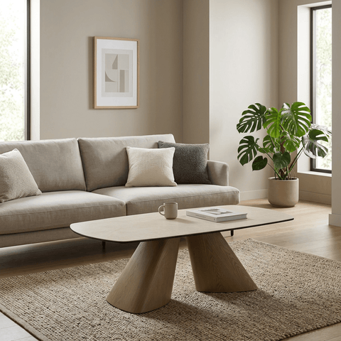 Shop the Arlo Cream Ceramic Coffee Table with a Spanish ceramic and tempered glass top, sculptural natural ash wood bases and elegant modern design.