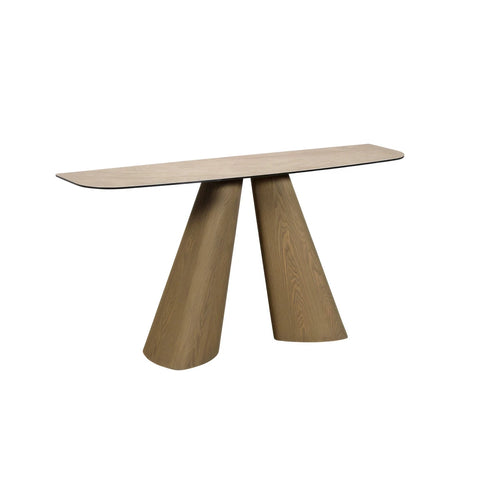Arlo Cream Ceramic Console Table with a Spanish ceramic and tempered glass top, sculptural ash wood bases and elegant slim design. W150cm.