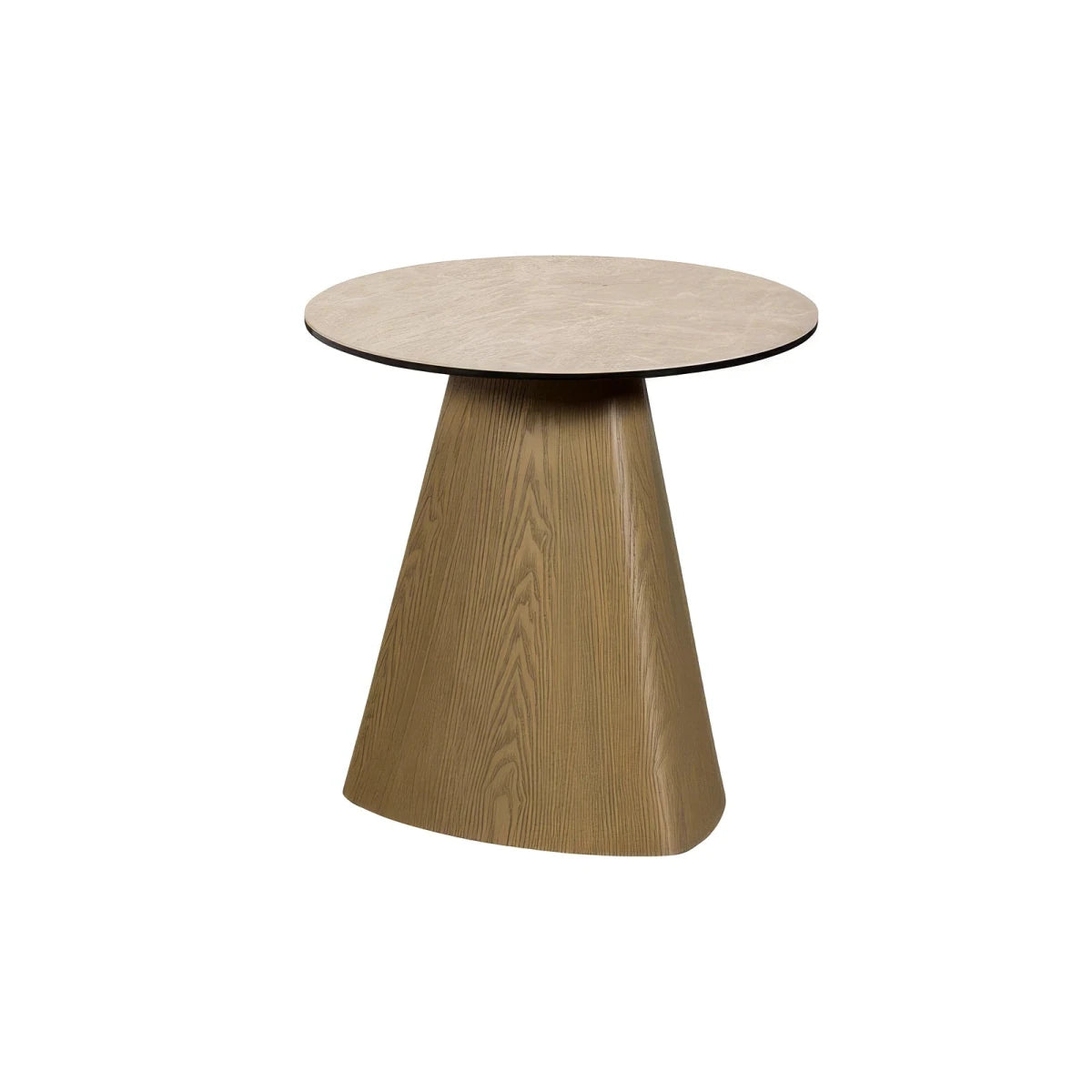 Arlo Cream Ceramic Round Lamp Table with a Spanish ceramic and tempered glass top and natural ash wood base. Compact 50cm contemporary design.