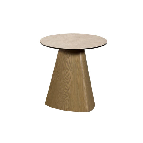 Arlo Cream Ceramic Round Lamp Table with a Spanish ceramic and tempered glass top and natural ash wood base. Compact 50cm contemporary design.
