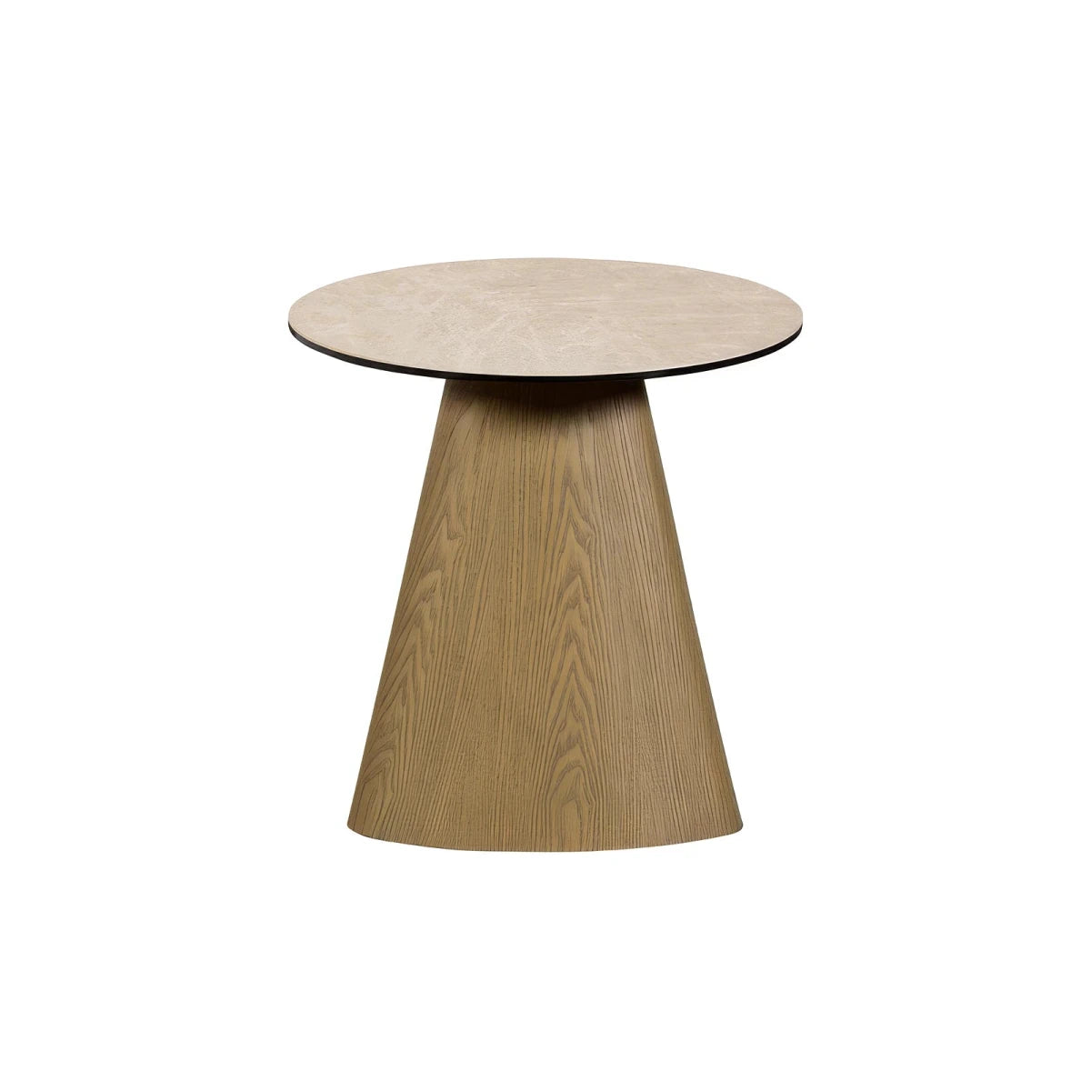 Arlo Cream Ceramic Round Lamp Table with a Spanish ceramic and tempered glass top and natural ash wood base. 