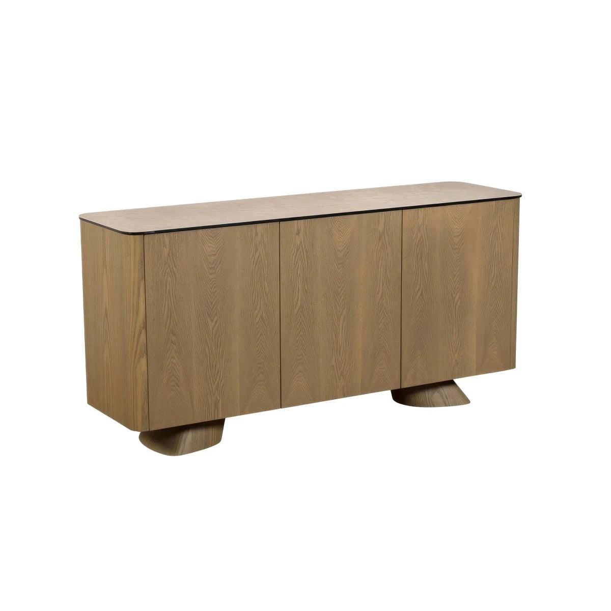 Arlo Cream Ceramic 3 Door Sideboard with push-to-open doors, sculptural ash wood legs and a stone-inspired ceramic top. 