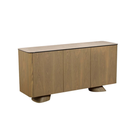 Arlo Cream Ceramic 3 Door Sideboard with push-to-open doors, sculptural ash wood legs and a stone-inspired ceramic top. 