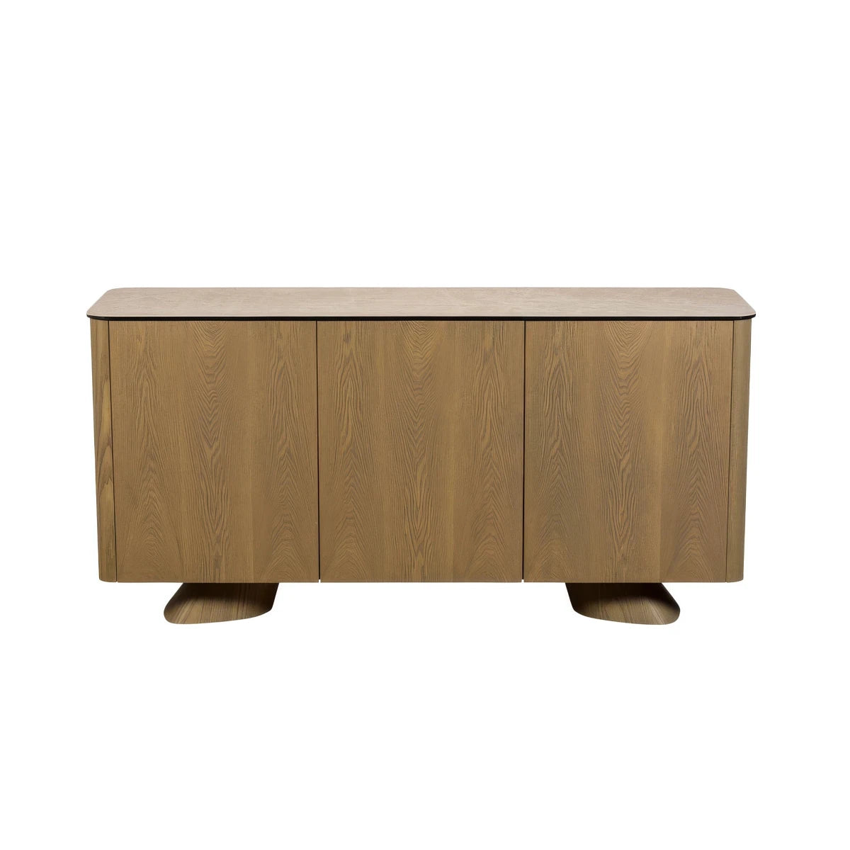 Arlo Cream Ceramic 3 Door Sideboard with push-to-open doors, sculptural ash wood legs and a stone-inspired ceramic top. 
