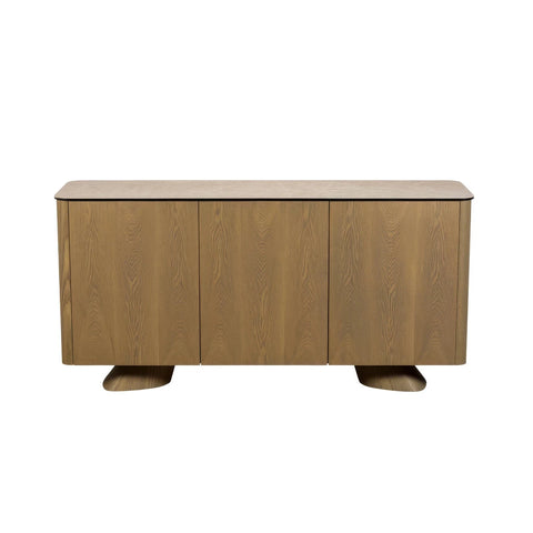Arlo Cream Ceramic 3 Door Sideboard with push-to-open doors, sculptural ash wood legs and a stone-inspired ceramic top. 