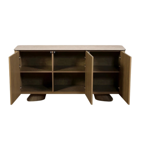 Open Doors view of  Arlo Cream Ceramic 3 Door Sideboard with push-to-open doors, sculptural ash wood legs and a stone-inspired ceramic top. 