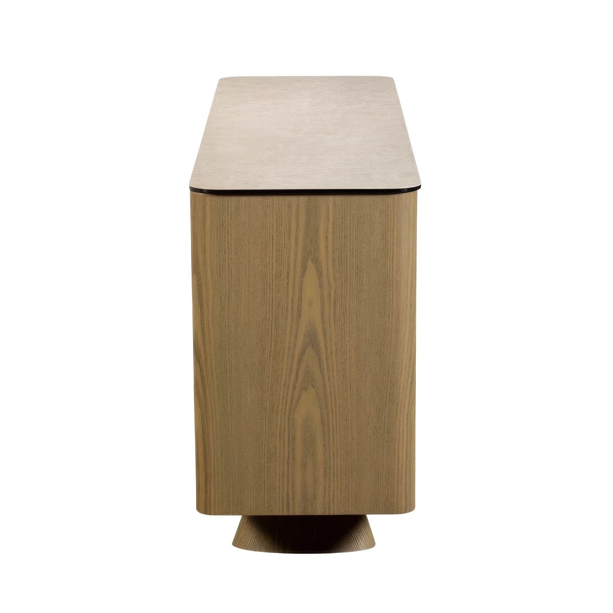 Side view of  Arlo Cream Ceramic 3 Door Sideboard with push-to-open doors, sculptural ash wood legs and a stone-inspired ceramic top. 