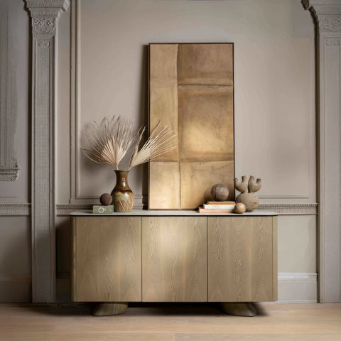 Shop the Arlo Cream Ceramic 3 Door Sideboard with push-to-open doors, sculptural ash wood legs and a stone-inspired ceramic top. W160 x D45 x H80cm.