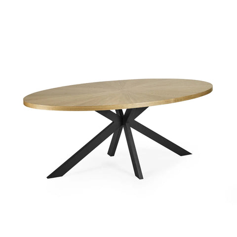Bondi 200cm Oval Dining Table featuring a light oak veneer top, curved surfboard design and striking black metal spider base. Modern dining style.