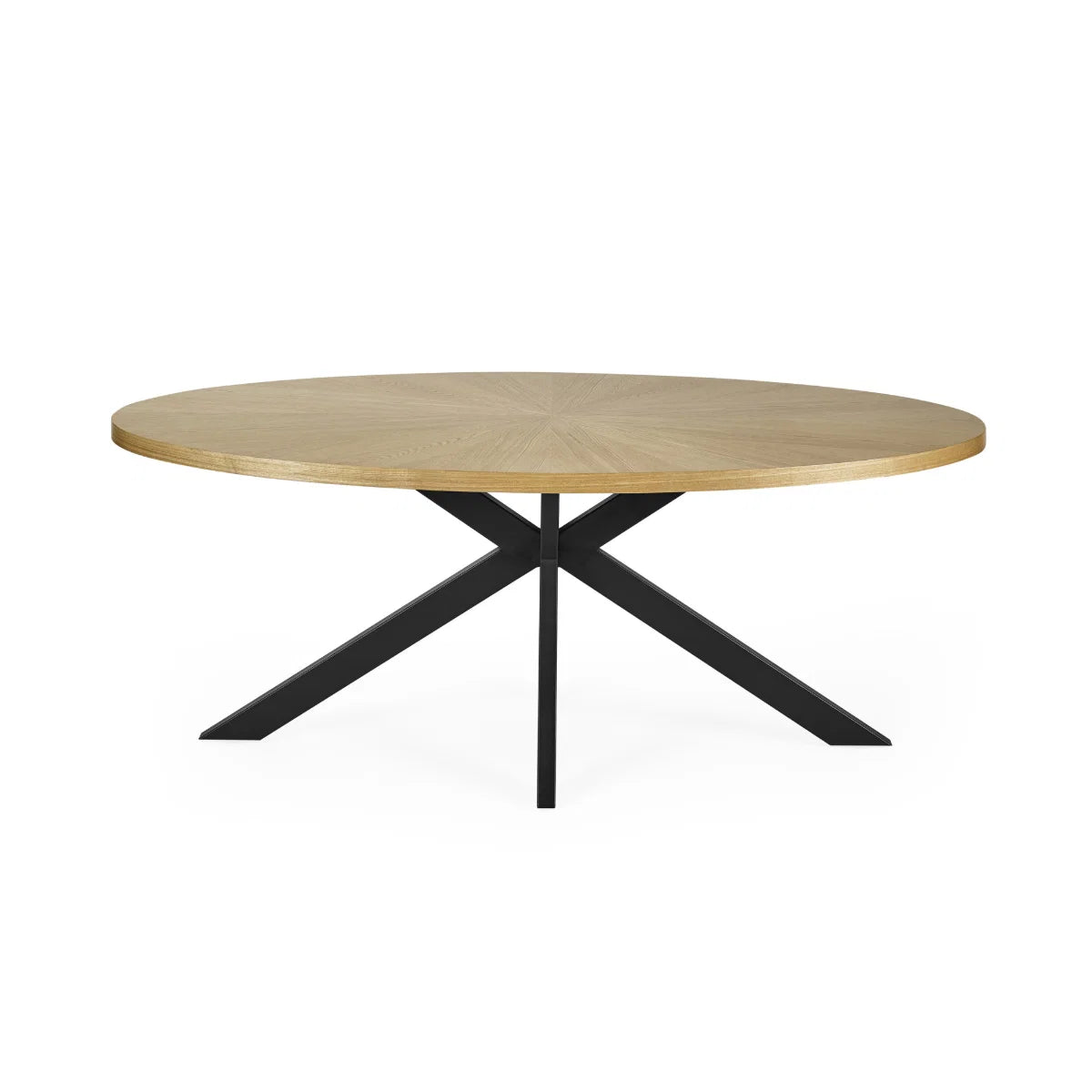 Bondi 200cm Oval Dining Table featuring a light oak veneer top, curved surfboard design and striking black metal spider base. Modern dining style.