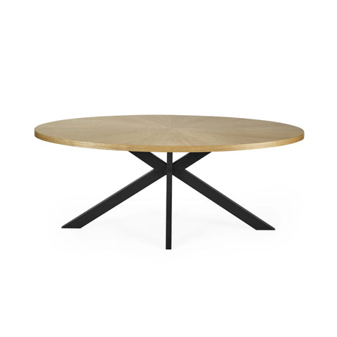 Bondi 200cm Oval Dining Table featuring a light oak veneer top, curved surfboard design and striking black metal spider base. Modern dining style.