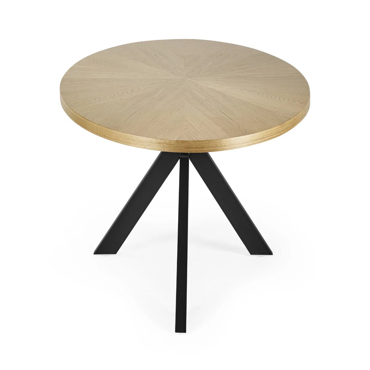 Side view of Bondi 200cm Oval Dining Table featuring a light oak veneer top, curved surfboard design and striking black metal spider base. Modern dining style.