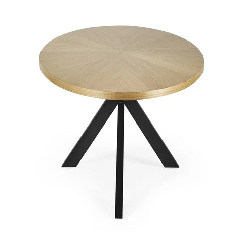 Side view of Bondi 200cm Oval Dining Table featuring a light oak veneer top, curved surfboard design and striking black metal spider base. Modern dining style.